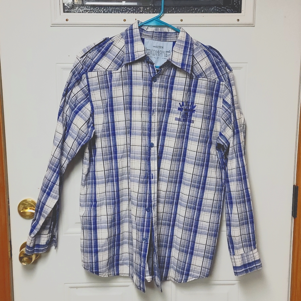 KM Denim dress button up L blue & white stripes